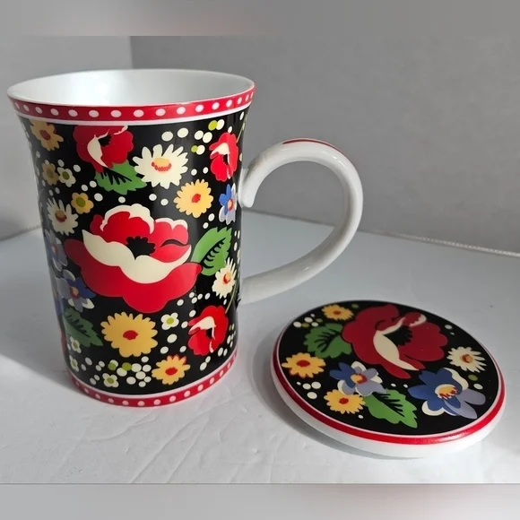 VERA BRADLEY POPPY FIELDS COFFEE MUG WITH LID RED BLACK BLUE - Picture 8 of 8